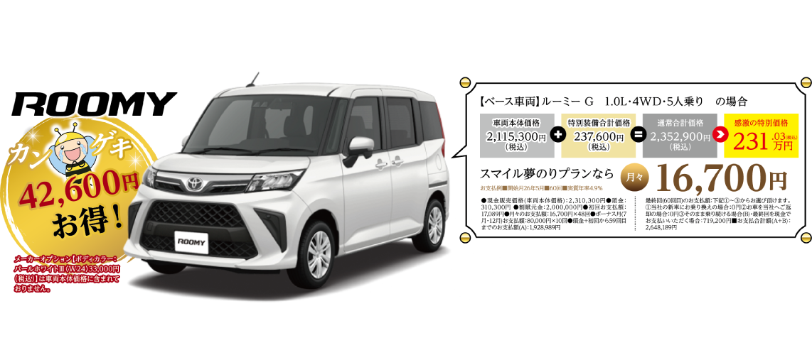 ROOMY カンゲキ42,600円お得!【ベース車両】ルーミー G 1.0L・4WD・5人乗りの場合:感激の特別価格231.03万円(税込)。スマイル夢のりプランなら月々16,700円。詳細条件は画像内注記の通り。